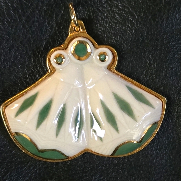 Natural Kharma by Avelon Jewelry - Porcelain vintage Egyptian green & gold double fan pendant